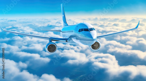 a Private jet flying over the earth. Empty blue sky with white clouds at background.