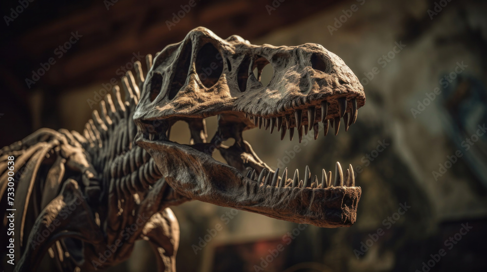 a T-Rex dinosaur skeleton in a museum. a T-Rex dinosaur skeleton in a museum.
