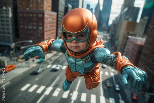 Adorable toddler in a cool superhero costume flying outdoors, AI generated photo