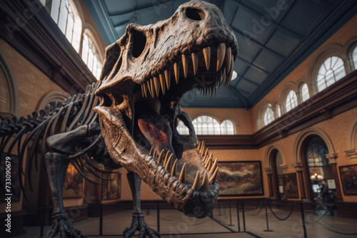a T-Rex dinosaur skeleton in a museum. © tong2530