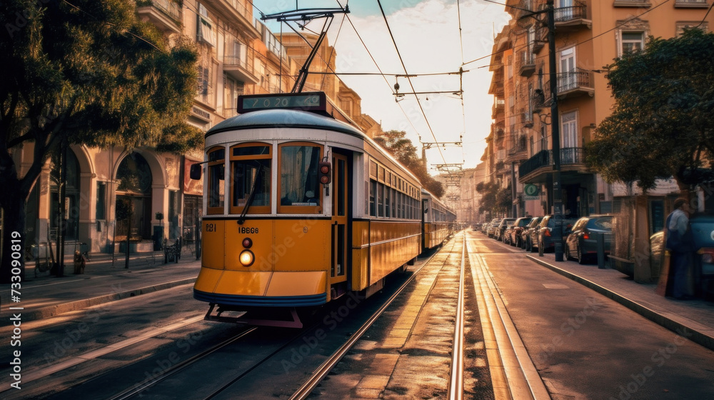 A tram rides down the street city.