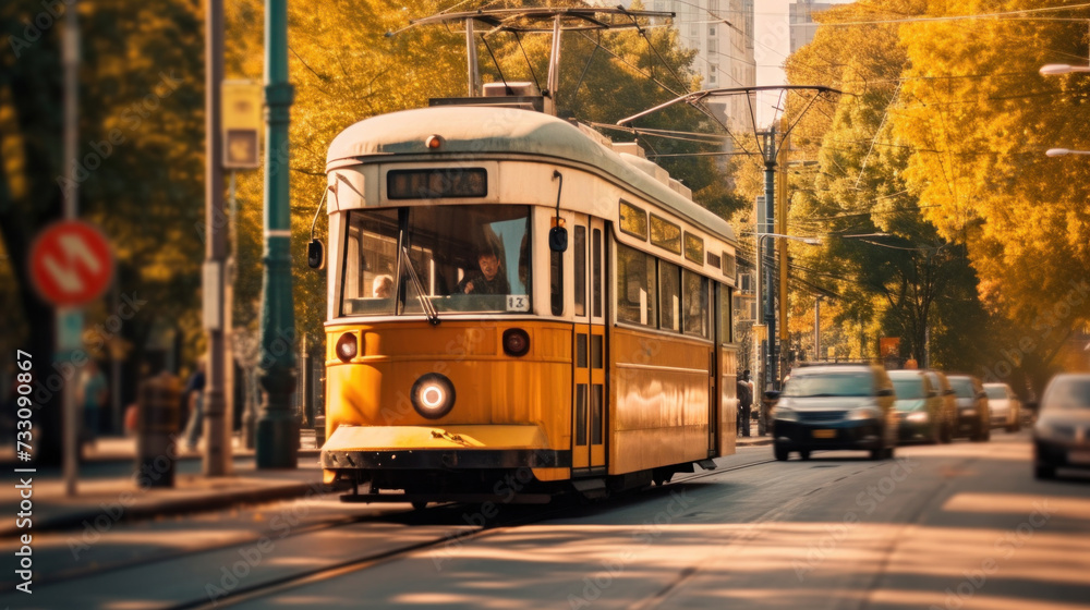 Fototapeta premium A tram rides down the street city.
