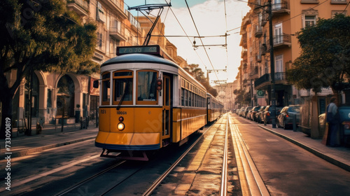 A tram rides down the street city.