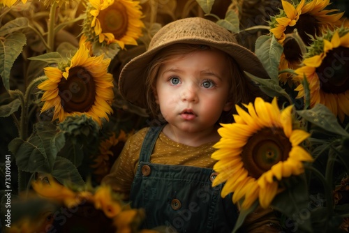 AI generated illustration of an adorable sweet toddler on a field among blooming sunflowers