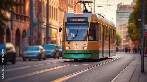 A tram rides down the street city. photo