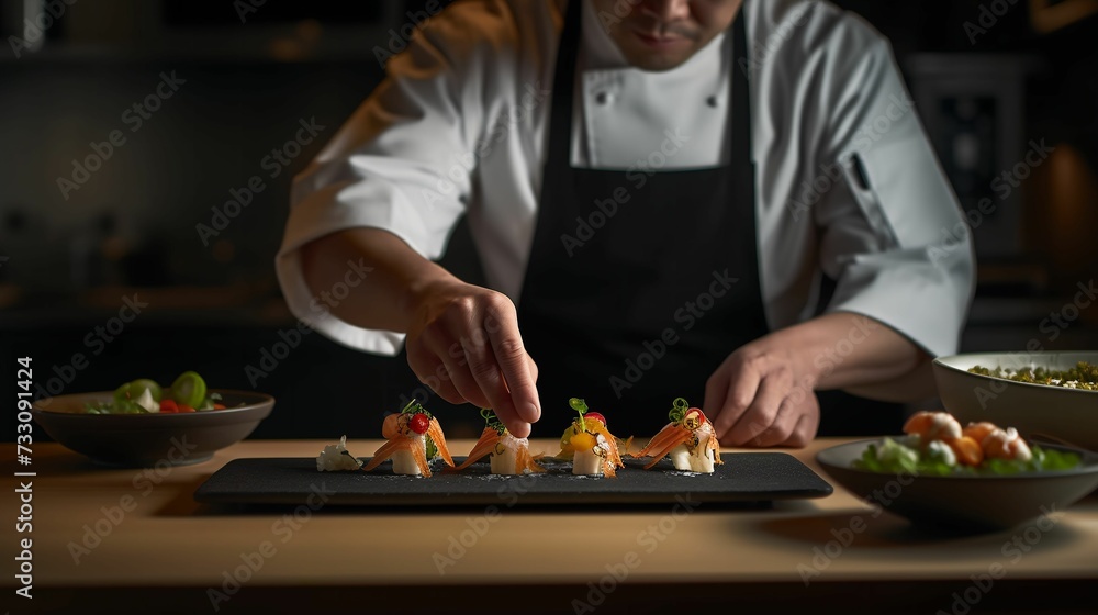 professional chef carefully adding the finishing touches to a delicious-looking appetizer