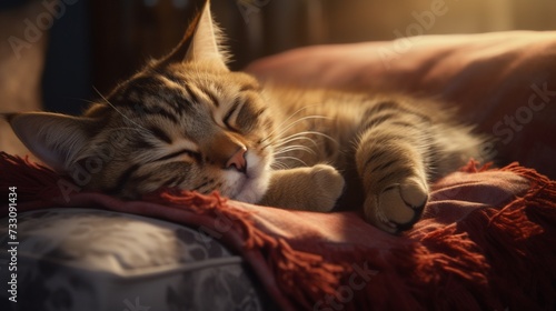 Content feline nestled on a cozy cushion. © ABDUL