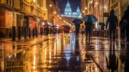AI generated illustration of a group of people walking along a wet city street © Wirestock