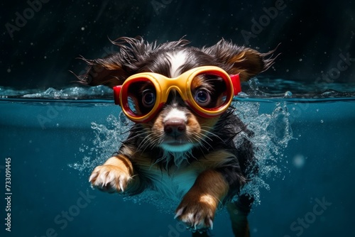 AI-generated illustration of an adorable puppy in goggles swimming underwater. © Wirestock