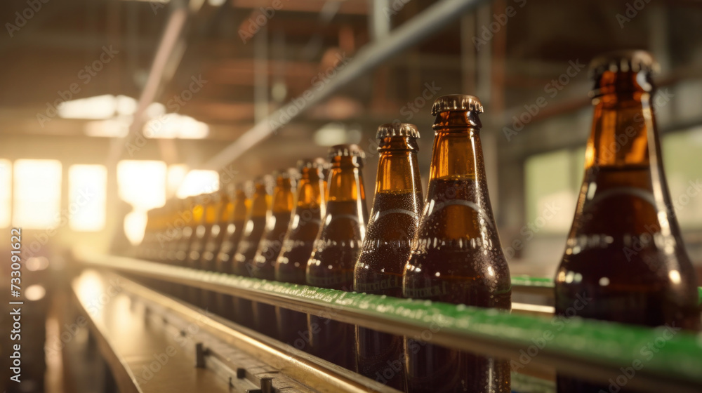 Brown glass beer bottles on a production line conveyor belt in a brewery, industrial food production. Brown glass beer bottles on a production line conveyor belt in a brewery, industrial food production.