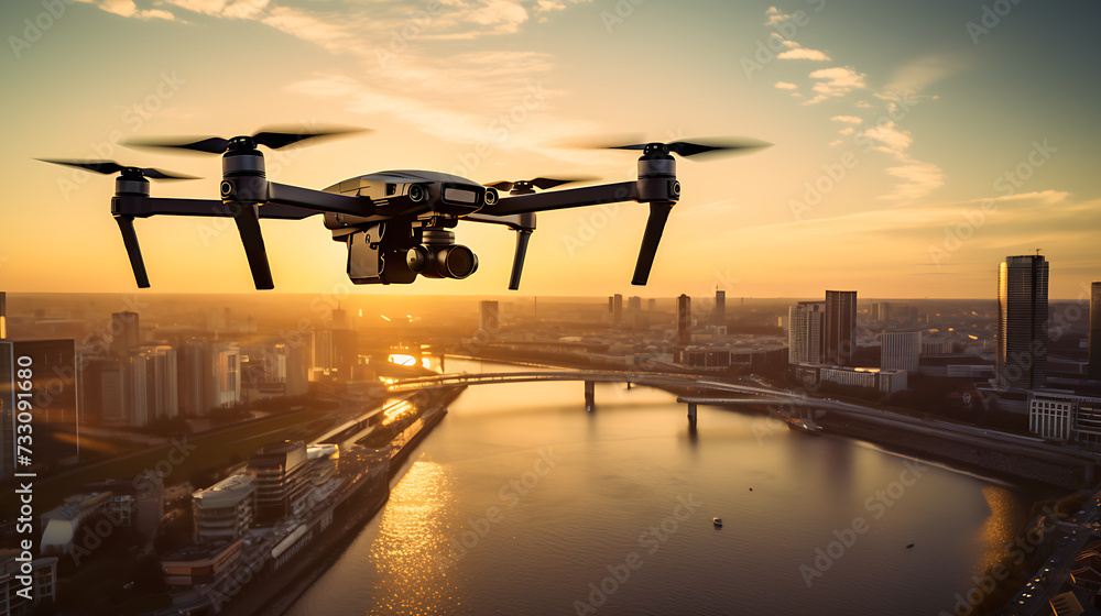 AI generated illustration of a drone equipped hovering over a city skyline at sunset