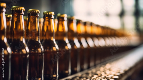 Brown glass beer bottles on a production line conveyor belt in a brewery  industrial food production.