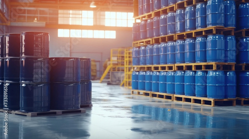 Blue barrel drum on the pallets contain liquid chemical in warehouse prepare. Manufacture of chemicals production. Oil and chemical industrial works concept.