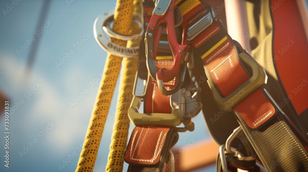 Fototapeta premium Close up of Work on high-altitude equipment. Fall arrest device for worker with safety belt hooks