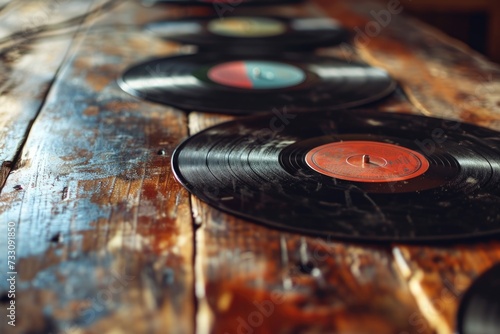 Vintage Vinyl: A Close-Up View of Soulful 60s and 80s Record Collection on Wooden Background