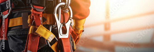 Close up of Work on high-altitude equipment. Fall arrest device for worker with safety belt hooks photo