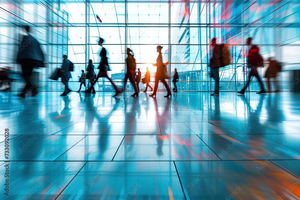 crowd of business people walking in office lobby fast moving crowd of business people walking in office lobby fast moving