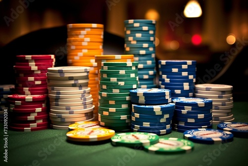 AI generated illustration of mounds of poker chips on a table in a casino or gaming establishment photo