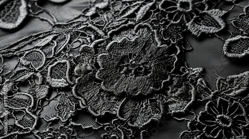 Ornate Floral Lace Texture. Black Lace Background with Intricate Flower Pattern for Fashion Design or Decorative Art