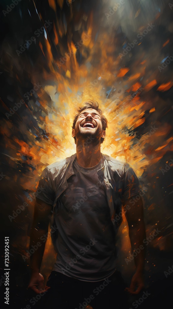 Caucasian male smiling in front of a dramatic explosion of fire. Ai generated