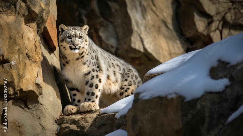 Fototapeta premium AI generated illustration of a majestic snow leopard sitting atop a snow-covered rock