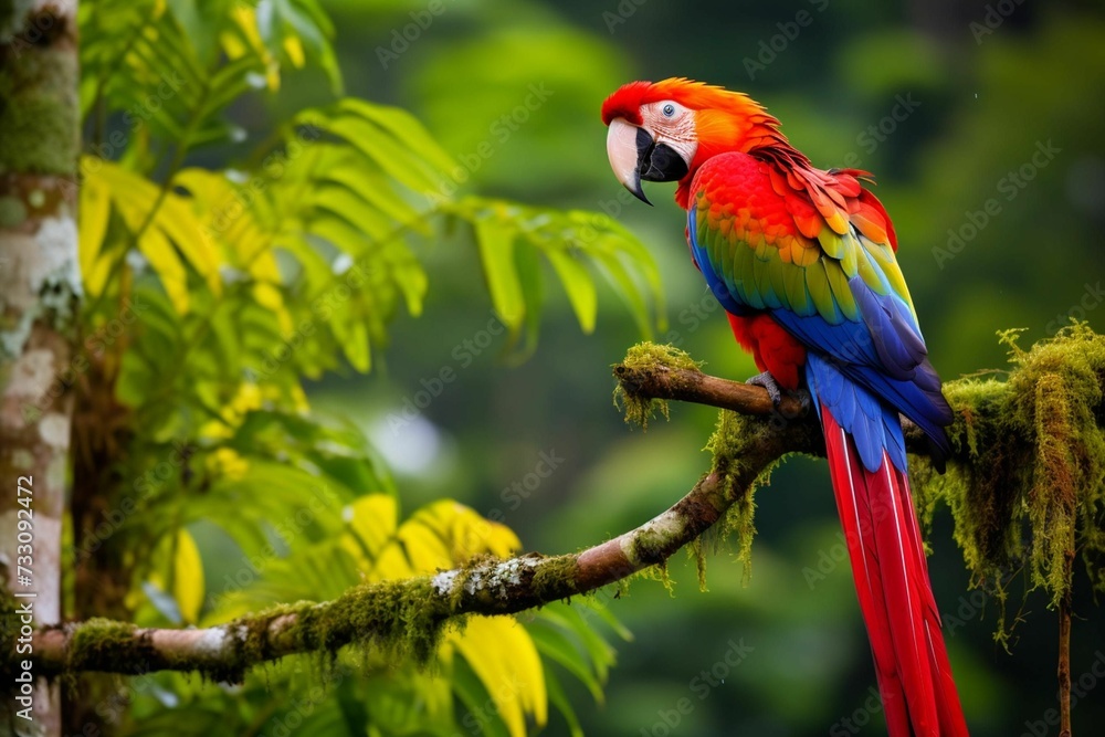 Obraz premium AI generated illustration of a vibrant, colorful parrot perched atop a branch