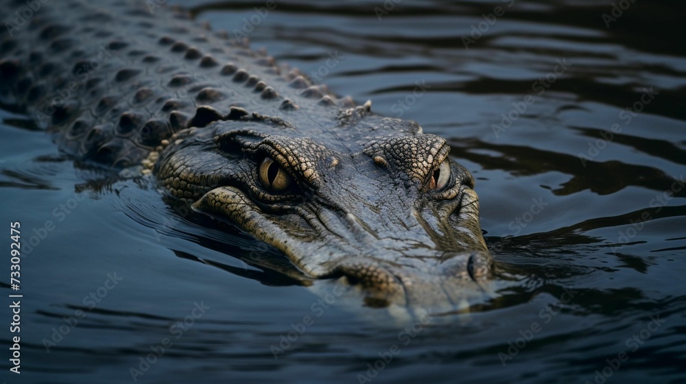 AI generated illustration of a crocodile, sunbathing in the shallow waters of a tropical lake AI generated illustration of a crocodile, sunbathing in the shallow waters of a tropical lake