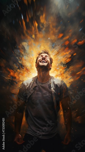 Caucasian male smiling in front of a dramatic explosion of fire. Ai generated © Wirestock