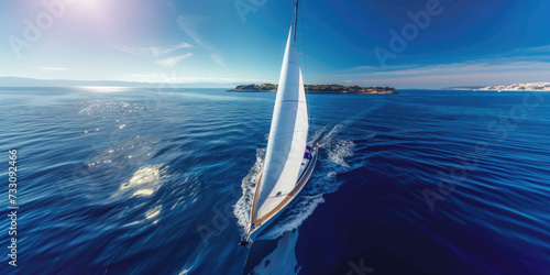 aerial view of sailing yacht in the blue sea