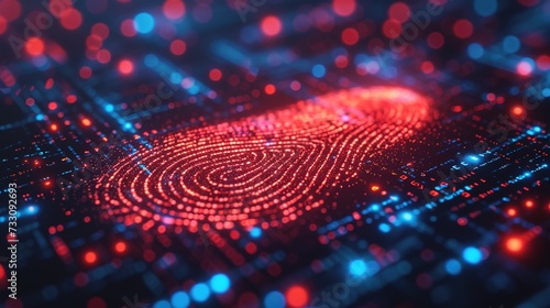 Close-up of a red biometric fingerprint scan on a digital circuit interface, depicting advanced security technology.