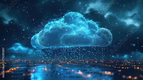 A sparkling digital cloud floats above a cityscape, depicting a network of data streaming down into the urban digital infrastructure.