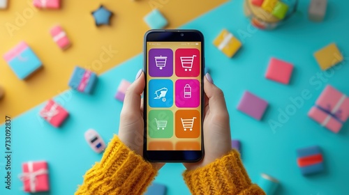 Person using a colorful online shopping app on a smartphone amidst scattered gift boxes. photo