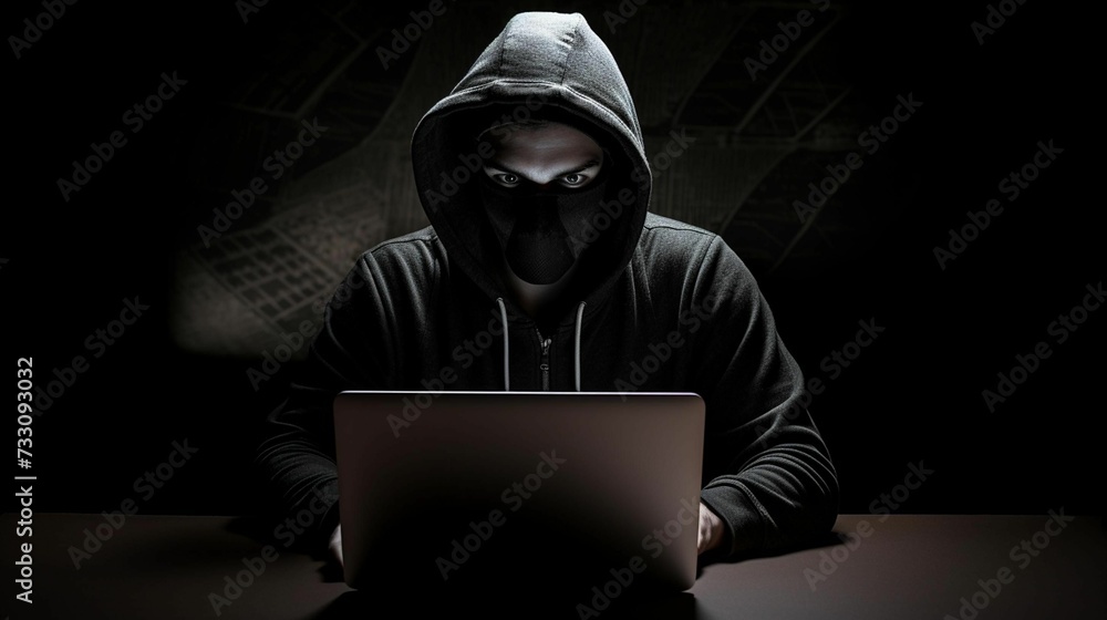 Hooded man seated at a laptop computer in front of a dark background, AI-generated. Hooded man seated at a laptop computer in front of a dark background, AI-generated.