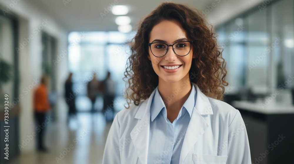 AI generated illustration of a young woman nurse wearing glasses in a hospital hallway