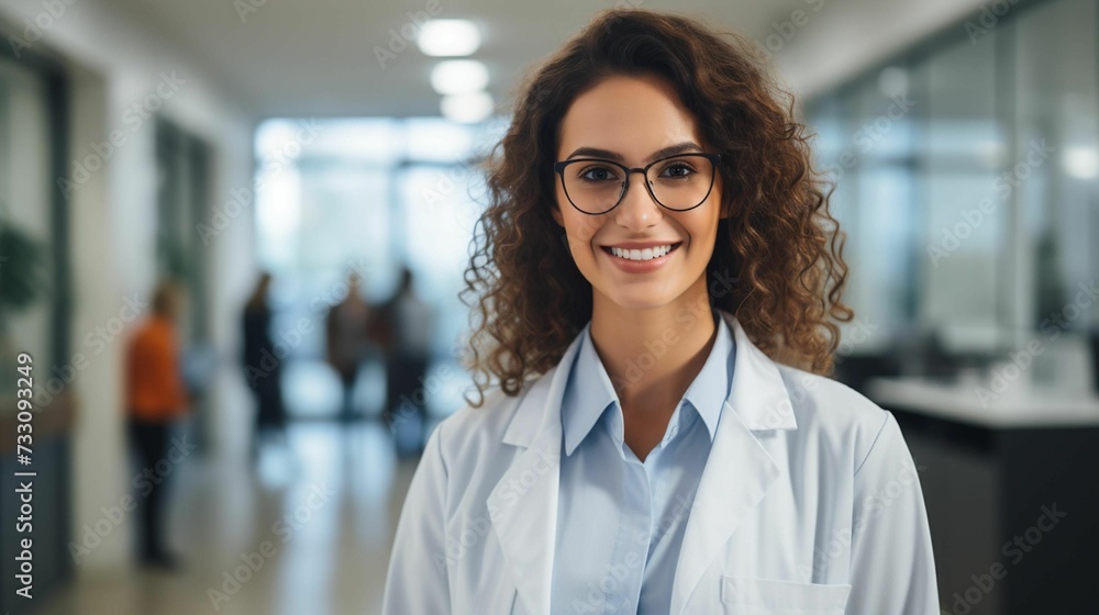 AI generated illustration of a young woman nurse wearing glasses in a hospital hallway AI generated illustration of a young woman nurse wearing glasses in a hospital hallway