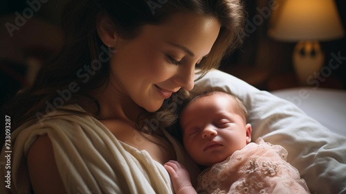 Affectionate young mother cradling her infant child in her arms, AI-generated. photo
