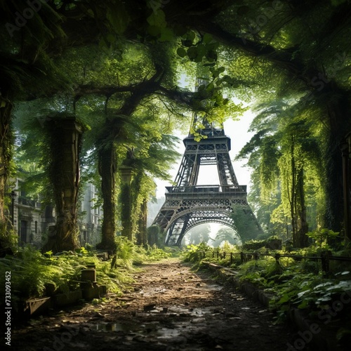 Eiffel Tower seen through lush green trees, AI-generated.