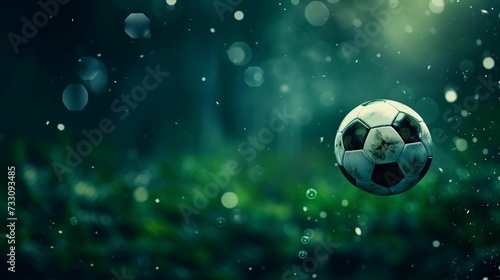 AI generated illustration of a soccer ball suspended in mid-air against a blurred outdoor background © Wirestock