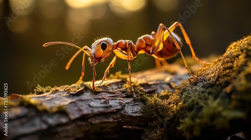 Closeup of an ant perched atop the gnarled bark of a tree, AI-generated.