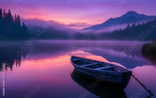 AI generated illustration of calm lake shrouded in morning fog with a boat