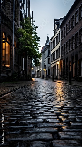 AI generated illustration of a cobblestone street with a wet and reflective surface