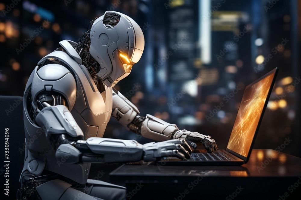 AI generated illustration of a humanoid robot sitting at a laptop computer