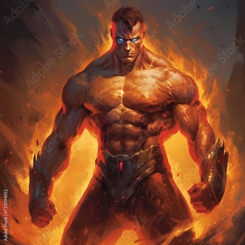 Fiery Elemental Superhero With Burning Background, Fantasy Artwork