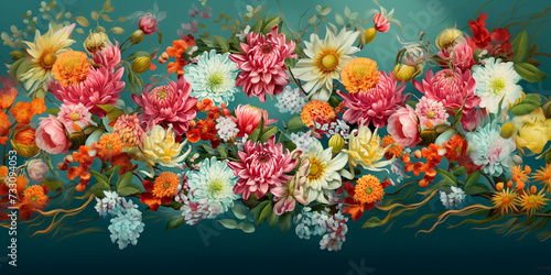 botanical float pattern, very colorful, maxi floral style, realistic, very detailed, Generative ai