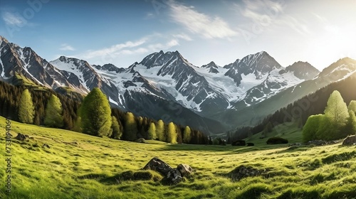 AI generated illustration of a green meadow against snow-capped mountains on a sunny day photo