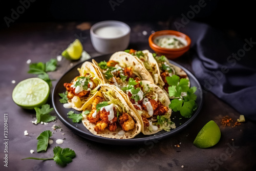Plate of tacos with sauce and cilantro