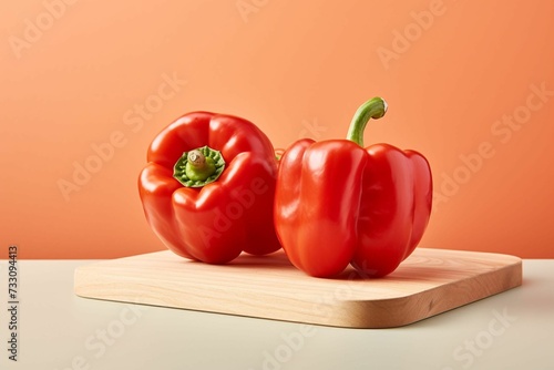 AI generated illustration of red bell peppers placed on a rustic wooden chopping board