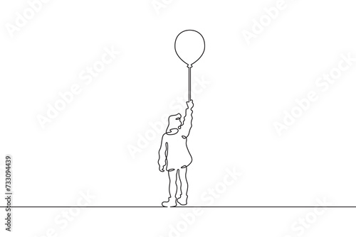 Little girl with a balloon in her hand. Girl in a dress. Child with a balloon. One continuous line . Line art. Minimal single line.White background. One line drawing. © derplan13