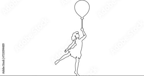 Little girl with a balloon in her hand. Girl in a dress. Child with a balloon. One continuous line . Line art. Minimal single line.White background. One line drawing.