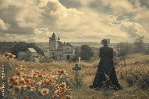 Woman Standing in Field With Church in Background